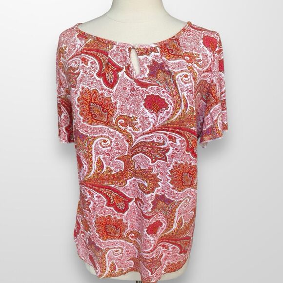 Chaps Women's Size 1X Top Shirt Short Flutter Sleeve Stretch Paisley Scoop Neck - Picture 8 of 8